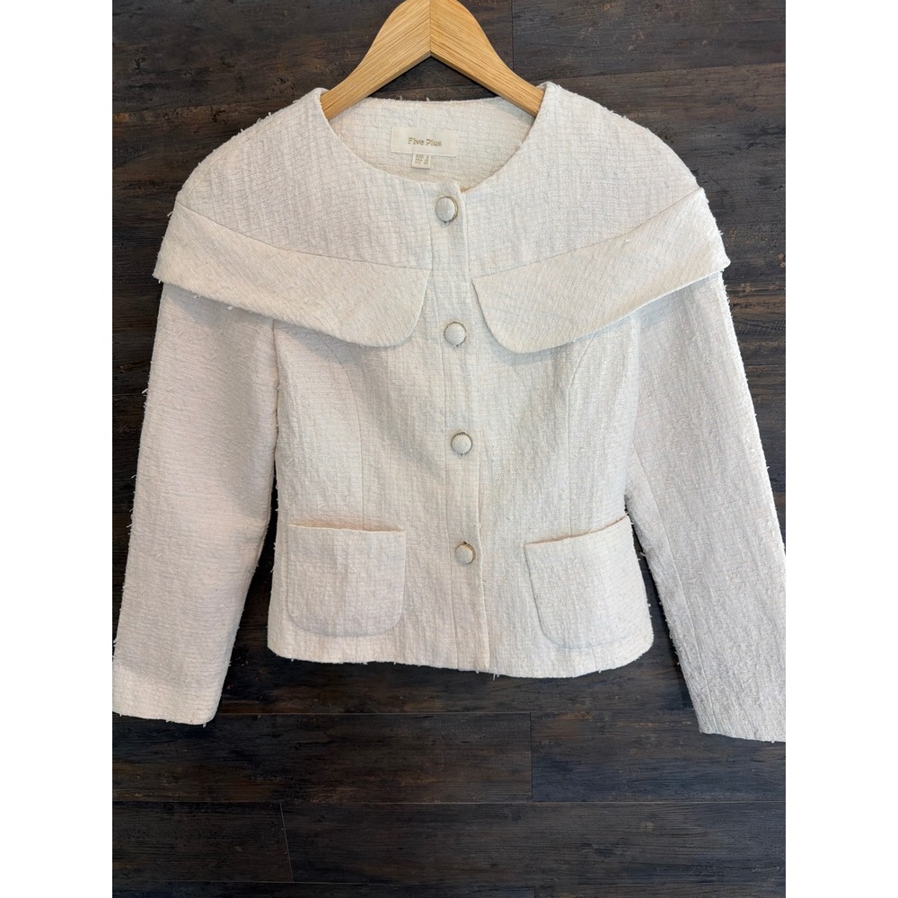 Five Plus Cream Boucle Tweed Statement Collar Button Front Jacket Size S 38 42